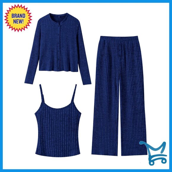 Other - Three Piece Lounge Set Knit Crop Cardigan Cami Top Wide Leg Pants Comfy